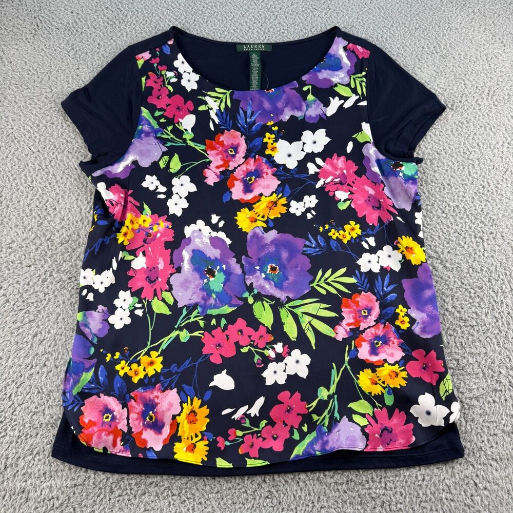 Lauren Ralph Lauren Floral Pullover Short Sleeve Knit Blouse Shirt Womens XL NWT